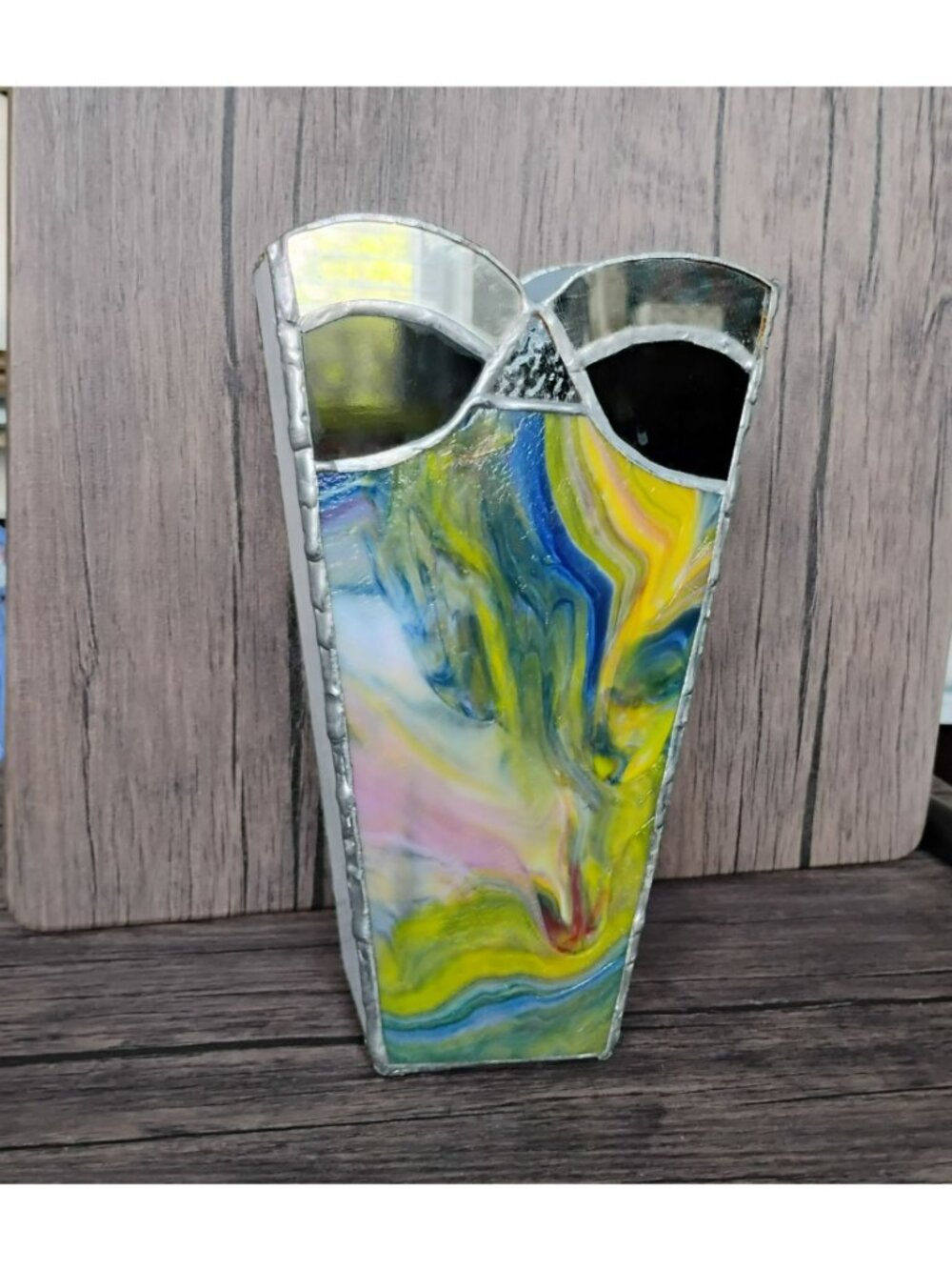 Vintage Postmodern Stained Glass Vase 9.5” 80s Geometric Art Deco Candle Holder - Picture 2 of 5